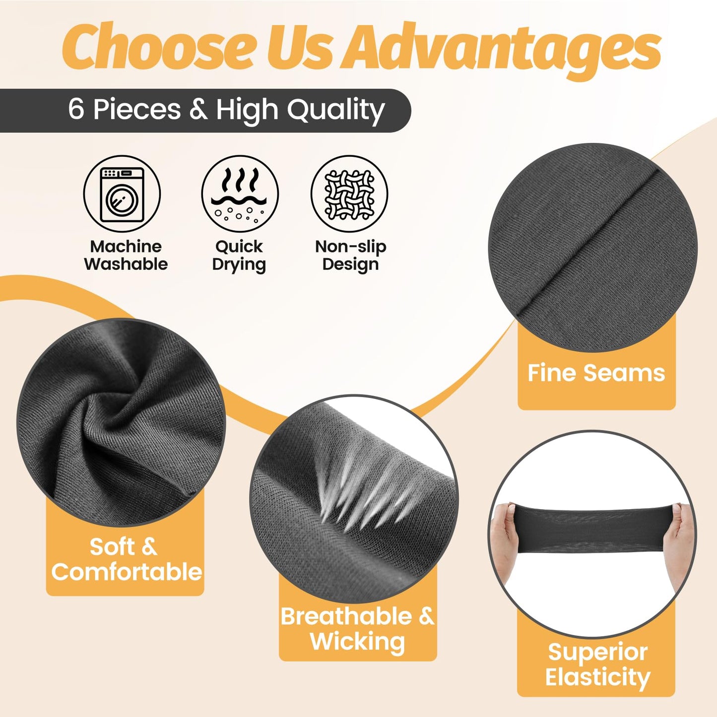 HSEM Headbands for Women - 6 Pack Wide Elastic Hairbands | Ultra-Soft Moisture Wicking Sports Headband | Non-Slip Accessories Bands for Fashion (Orange Blue Grey White RoseRed Black)