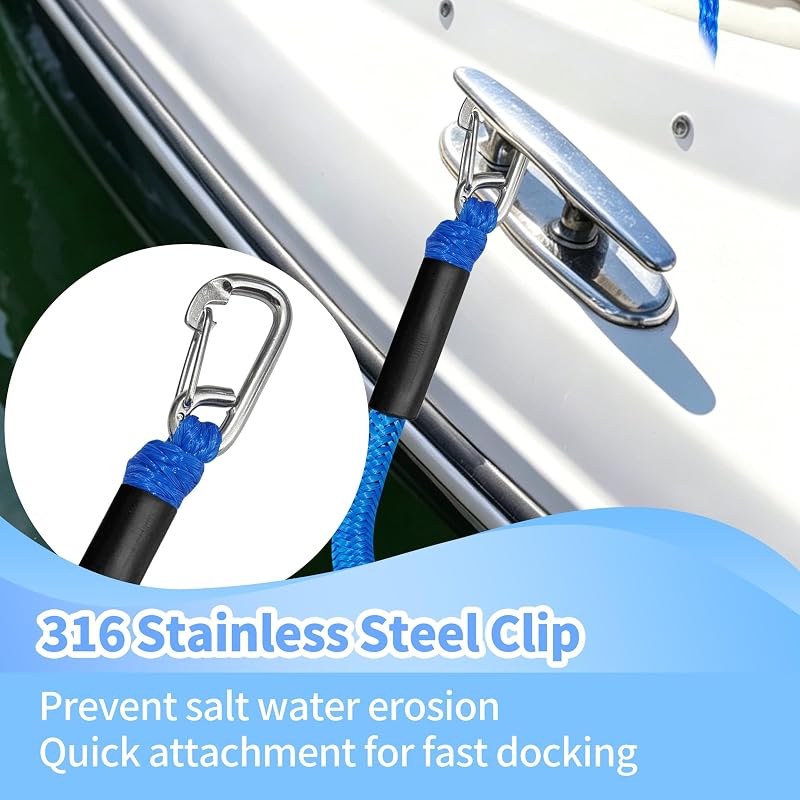 Bungee Dock Line with 316 Stainless Steel Hook, Foam Float — 4ft to 5.5ft, 2 Pack, Blue