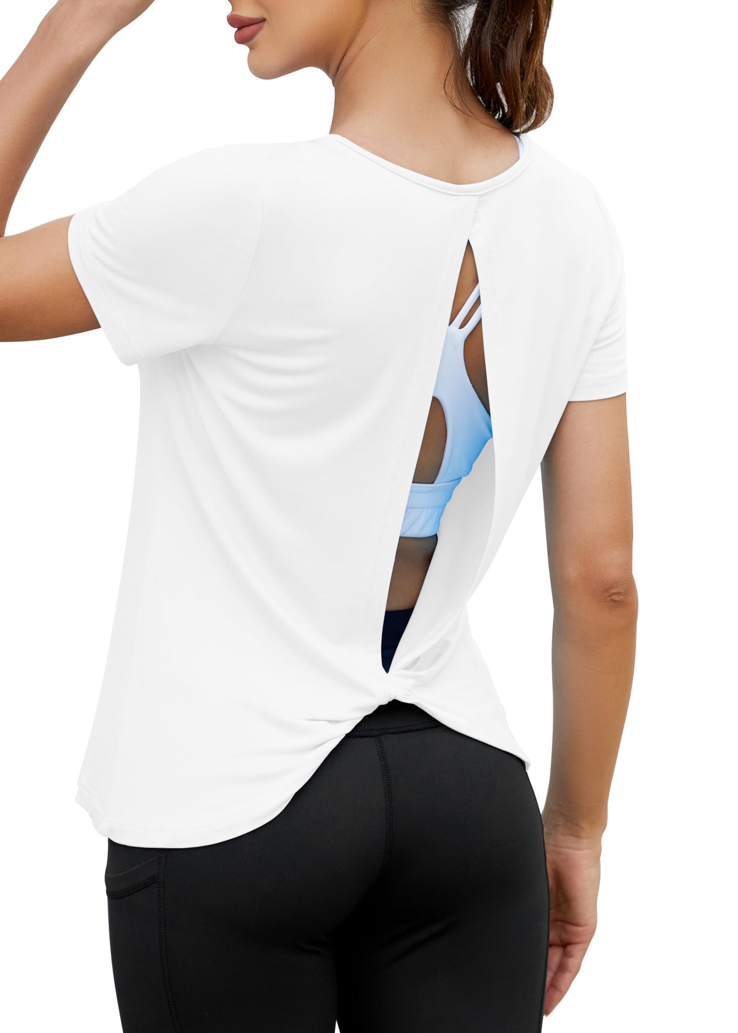 Mippo Backless Workout Top Open Back Shirts Short Sleeve Athletic Yoga Gym Exercise Tees Pilates Clothes for Women, White S