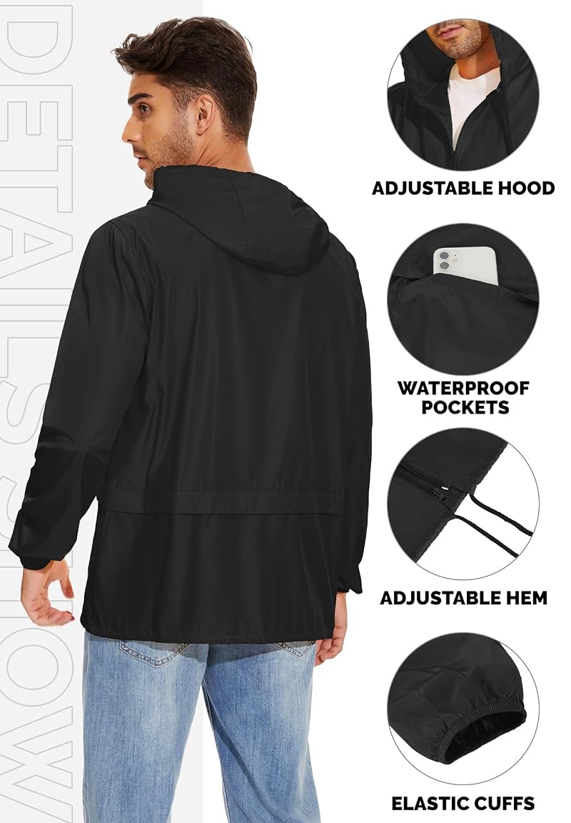 Zando Lightweight Rain Jacket for Men - Waterproof Hooded Windbreaker, Black XL
