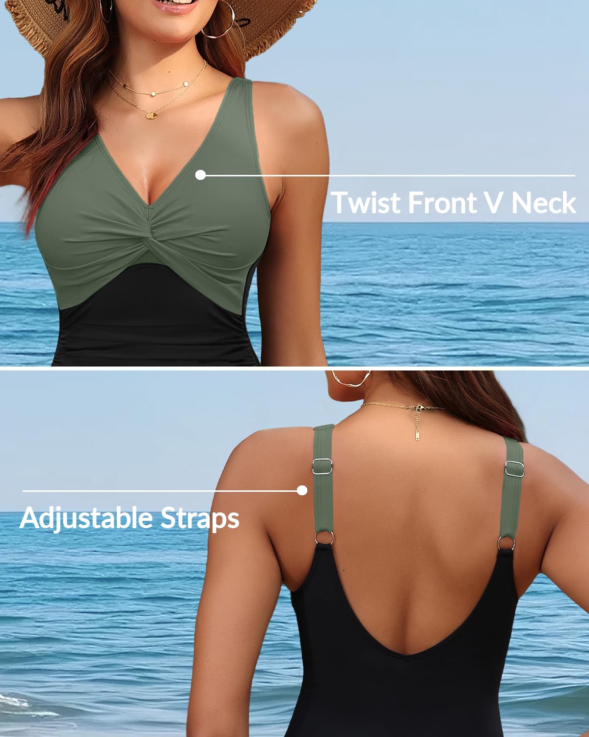 Holipick Green and Black Women Tummy Control One Piece Swimsuit - Push Up Bathing Suit Full Coverage Slimming Swimwear 20 Plus (US 20W)