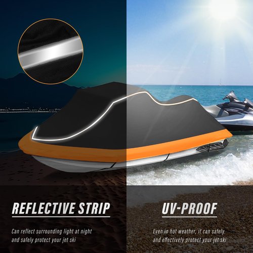 CoukouCover Jet Ski Cover, Heavy Duty Waterproof Jetski Covers, 3 Seater PWC Cover with Reflective Strips and Vents for Seadoo Yamaha Kawasaki Polaris, Fits Lengths from 126-135” (Black&Orange)