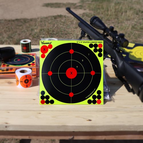 Highwild 12X12 Inch Splatter Adhesive Bullseye Fluorescent Yellow Shooting Target Stickers - Suitable for Handguns, Rifles, BB Guns, Airsoft, Pellet Guns - 10 Pack
