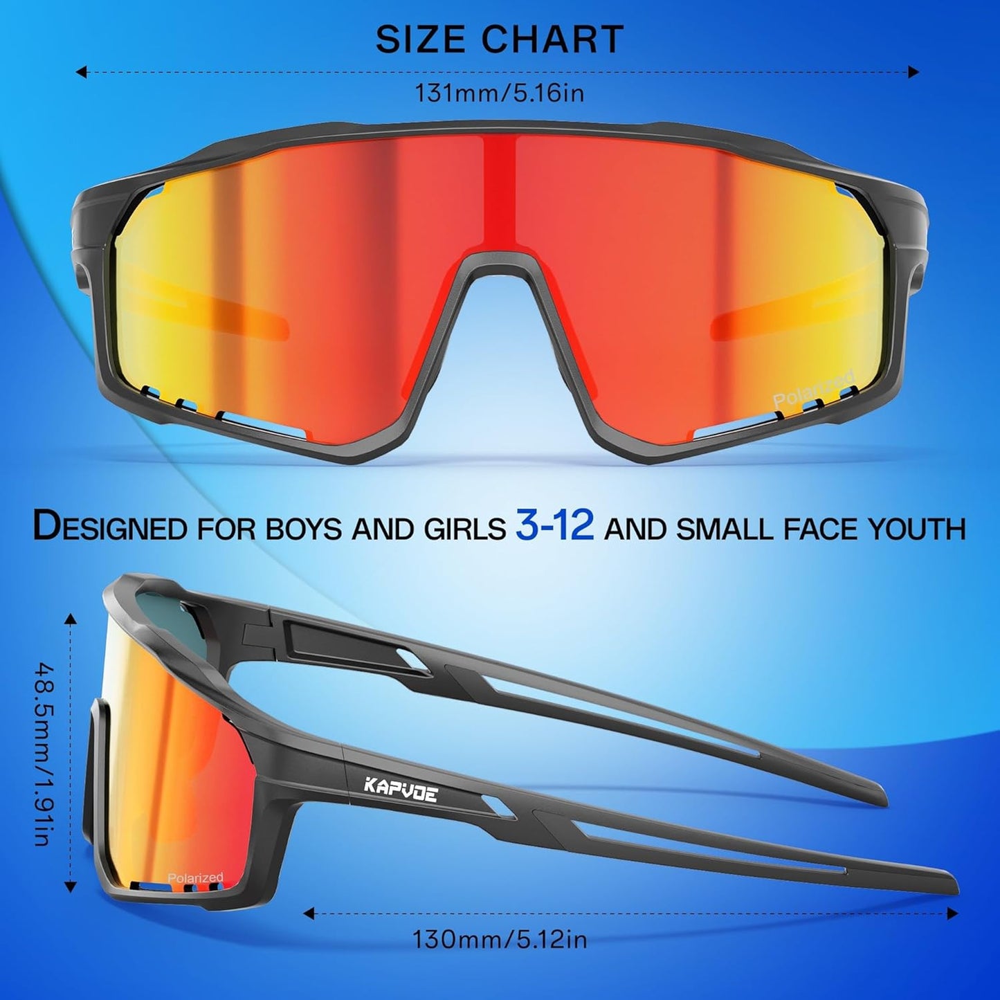 KAPVOE Kids Baseball Glasses Youth Polarized Sports Sunglasses Softball Cycling Running Shades Boys Girls Age 3-14 - K9033
