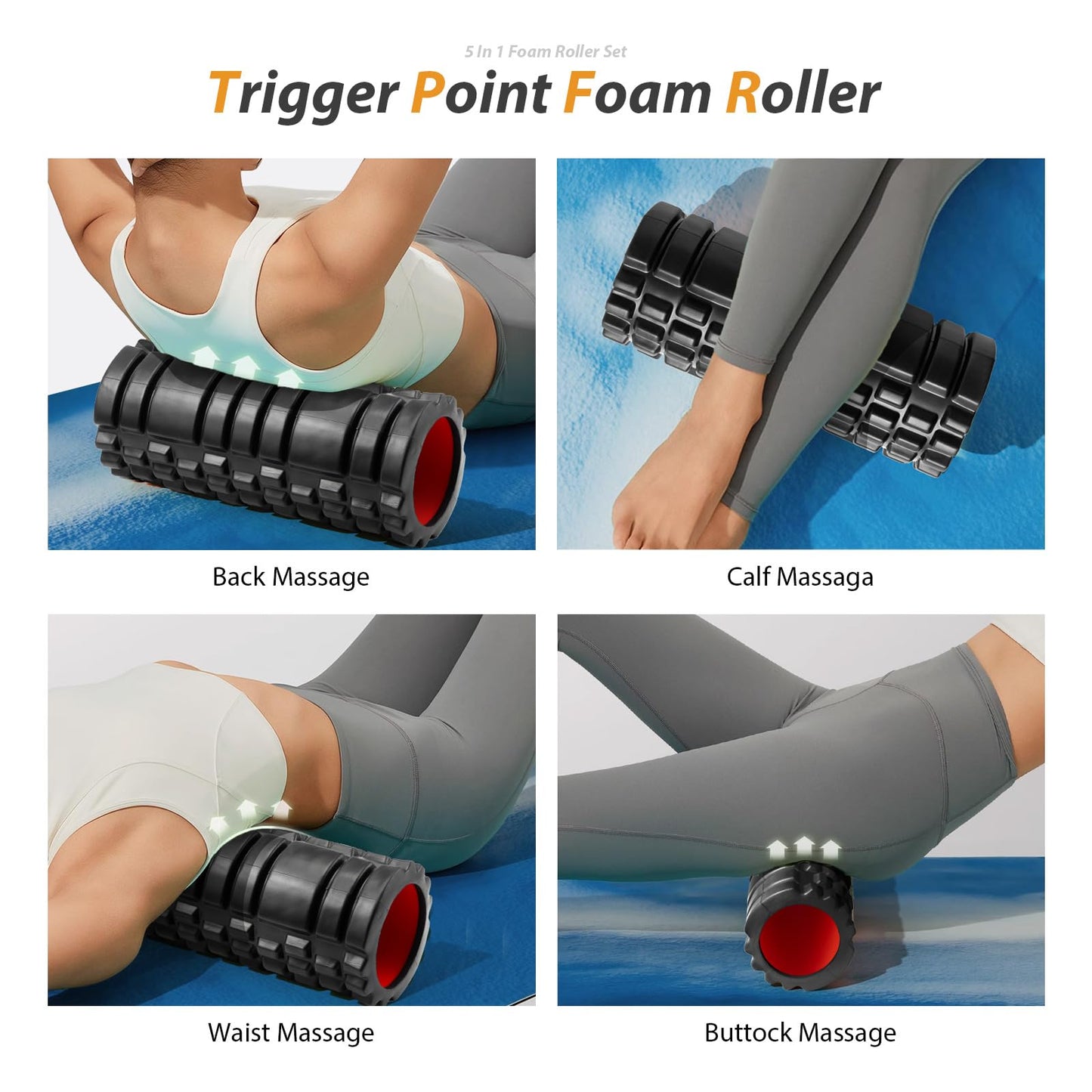 5 in1 Foam Roller Set, Trigger Point Foam Roller, Massage Roller Stick, Massage Ball, Resistance Band for Deep Muscle Massage Pilates Yoga,Fitness Exercise for Whole Body (Black)