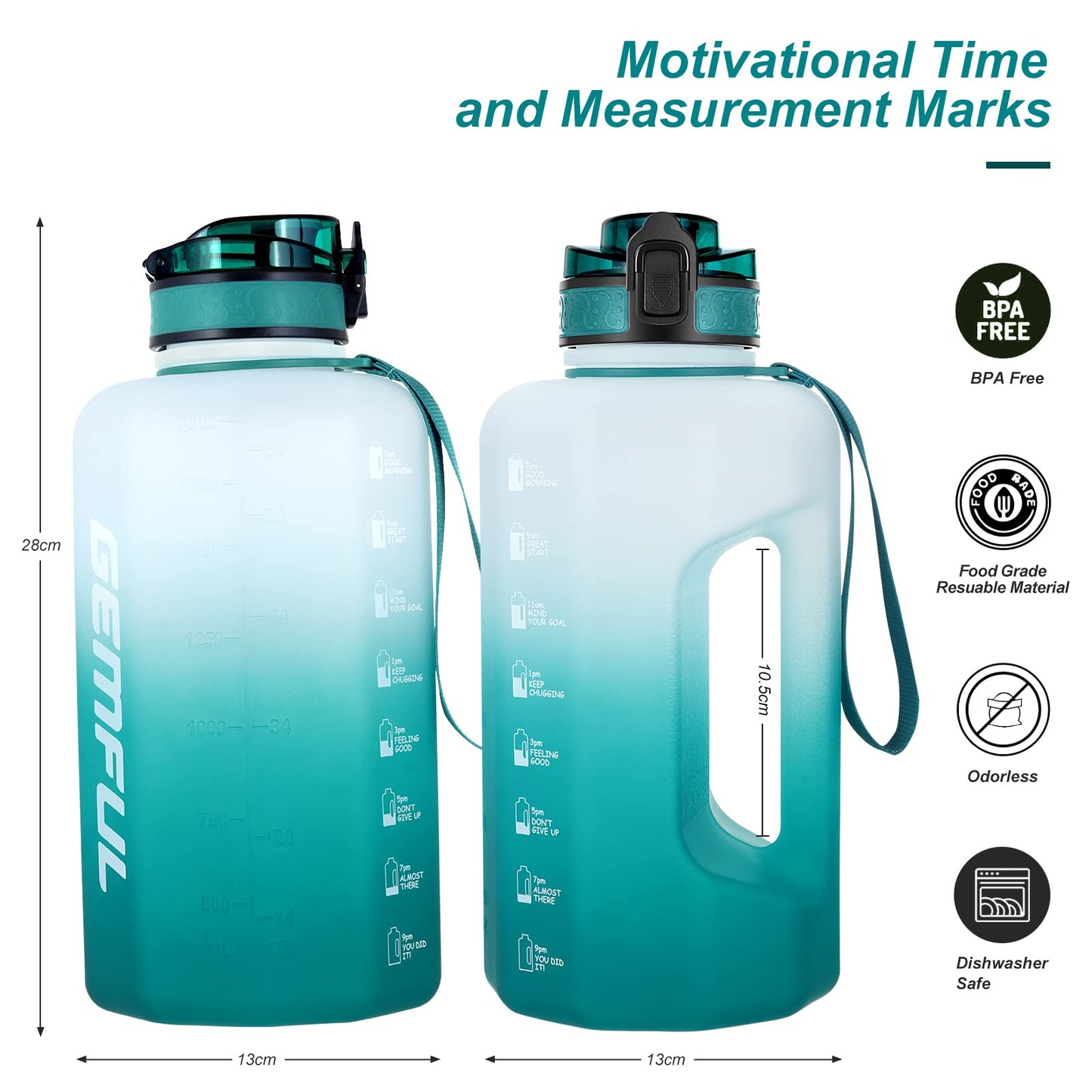 GEMFUL Motivational Water Bottle 74oz Time Marker for Gym (Cyan no Straw)
