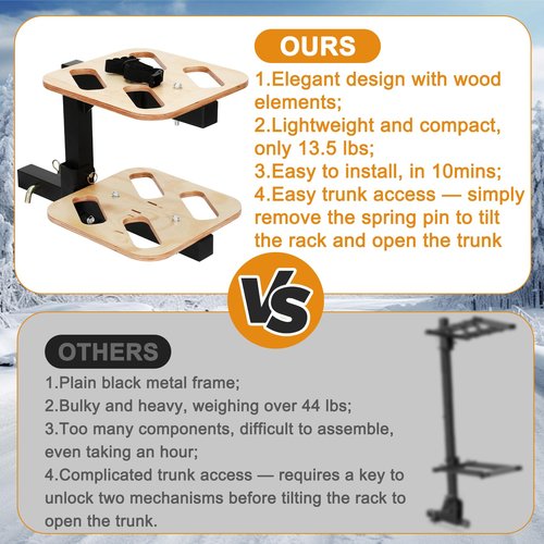 Lightweight Folding Hitch Ski Rack with Wooden Surface, Holds 4 Pairs of Skis, Compact Design with Easy Tilt Access, Fits 2" Hitch Receiver, Durable and Stylish Ski Accessories for Car