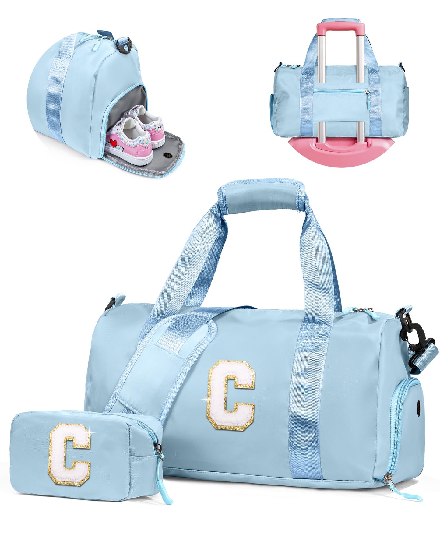 Vogewood Gifts for 3 4 5 6 7 8 9 Year Old Girls-Girl Gym Bag with Shoe Compartment, Kid Personalized Weekender Dance Bags, Initial Travel Tote with Makeup Pouch, Easter Gift for Teen (Letter C)