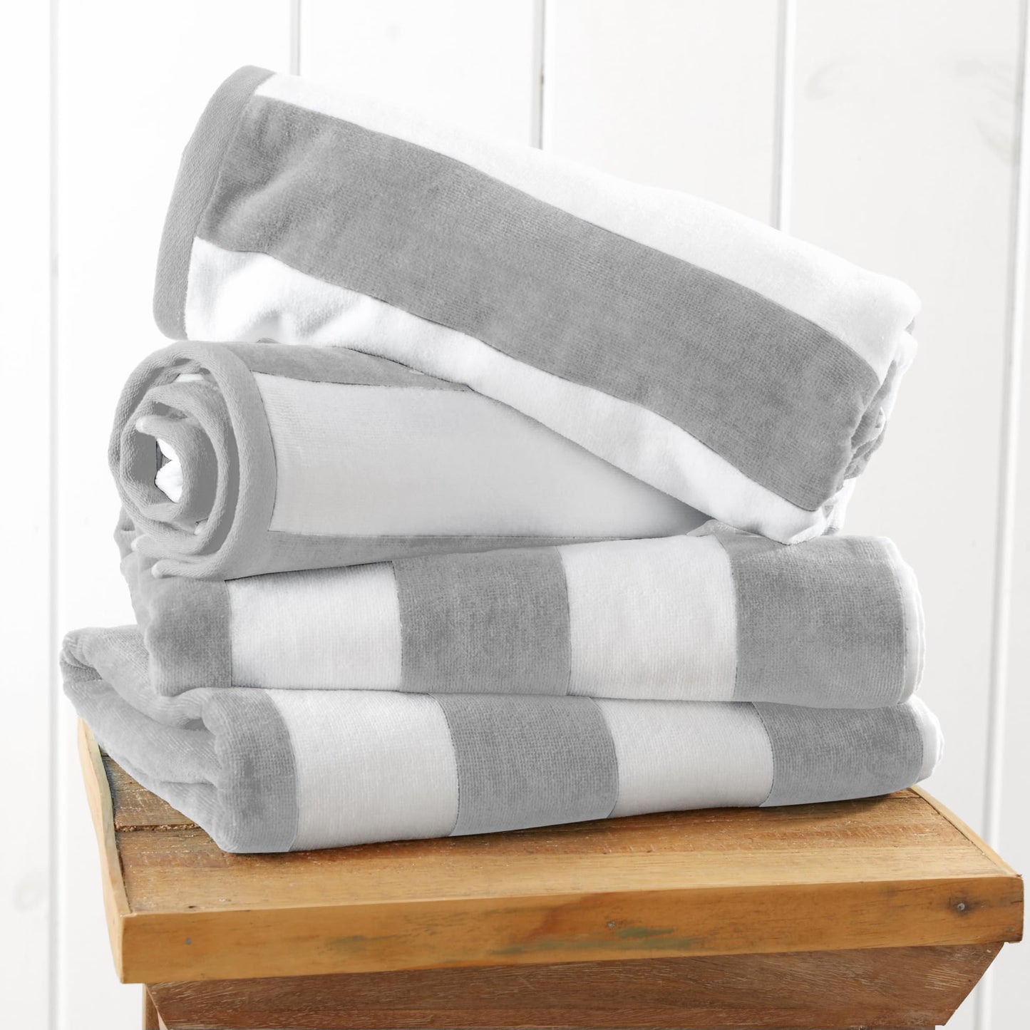 Great Bay Home 100% Cotton Velour 4 Pack Beach Towels 30" x 60" - Cabana Stripe Pool Towels - Quick Dry, Large Swim Towel (Light Grey)