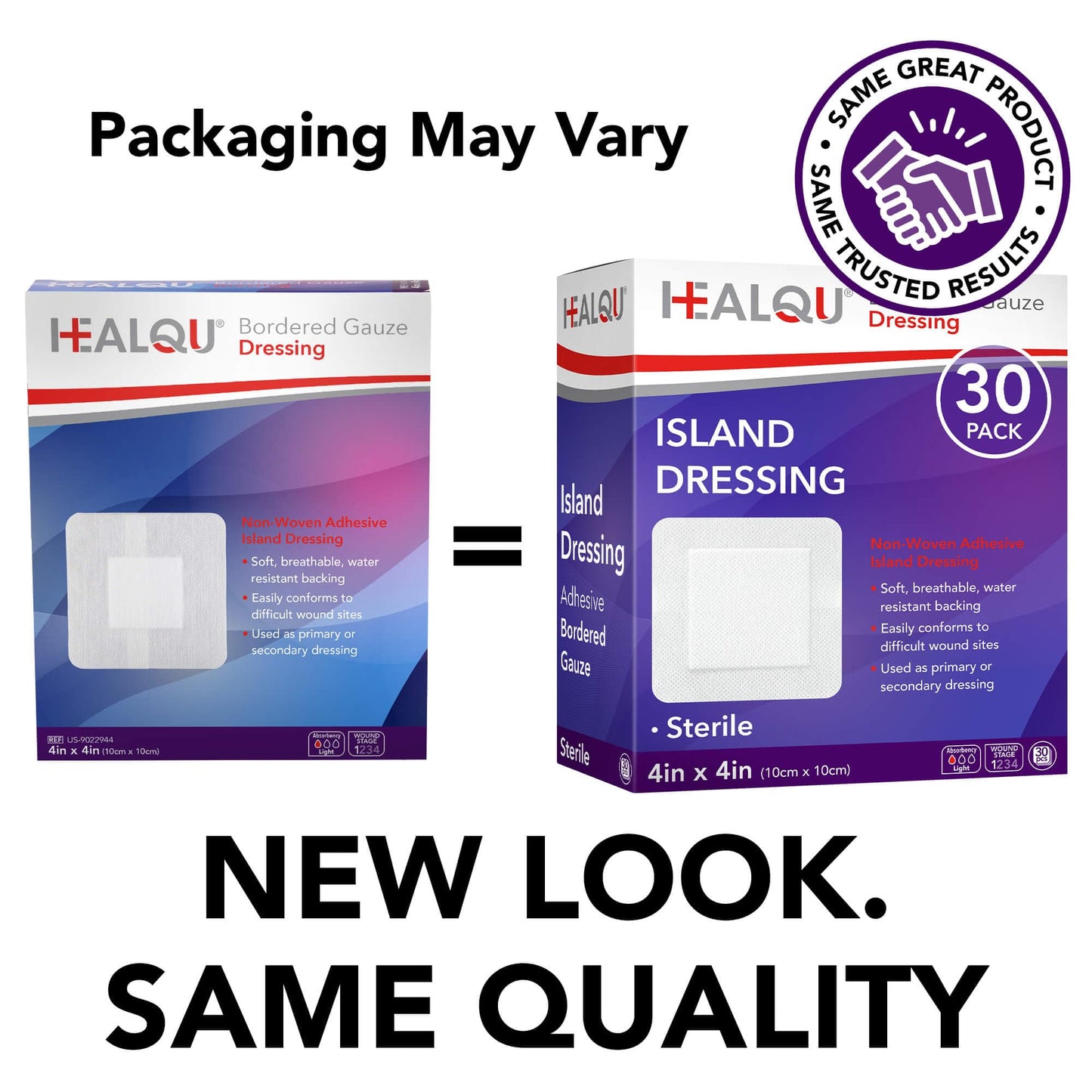 HEALQU Island Dressing - 4"x4", 30 Count - Bordered Gauze Sterile Individually Wrapped Gauze Pads, Water-Resistant, Non-Woven Backing - Soft and Breathable Wound Dressing for First Aid and Medical