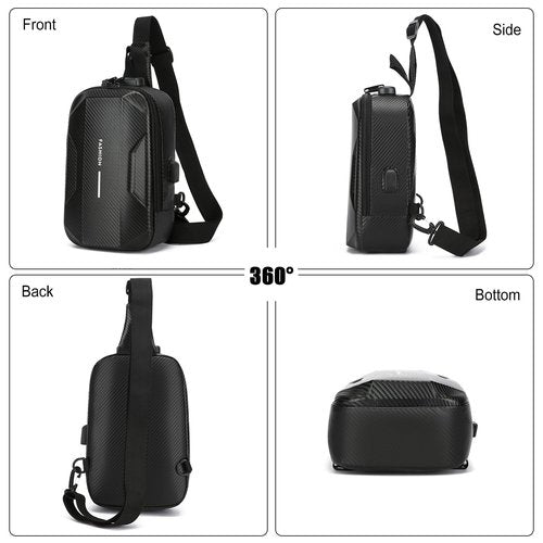 FANDARE Anti-Theft Sling Bag Men's Chest Pack Waterproof EVA Crossbody Bags with USB Shoulder bag Outdoor Travel Body bag One-strap backpack Personal Flex Bag for Hiking Cycling Daypack Black
