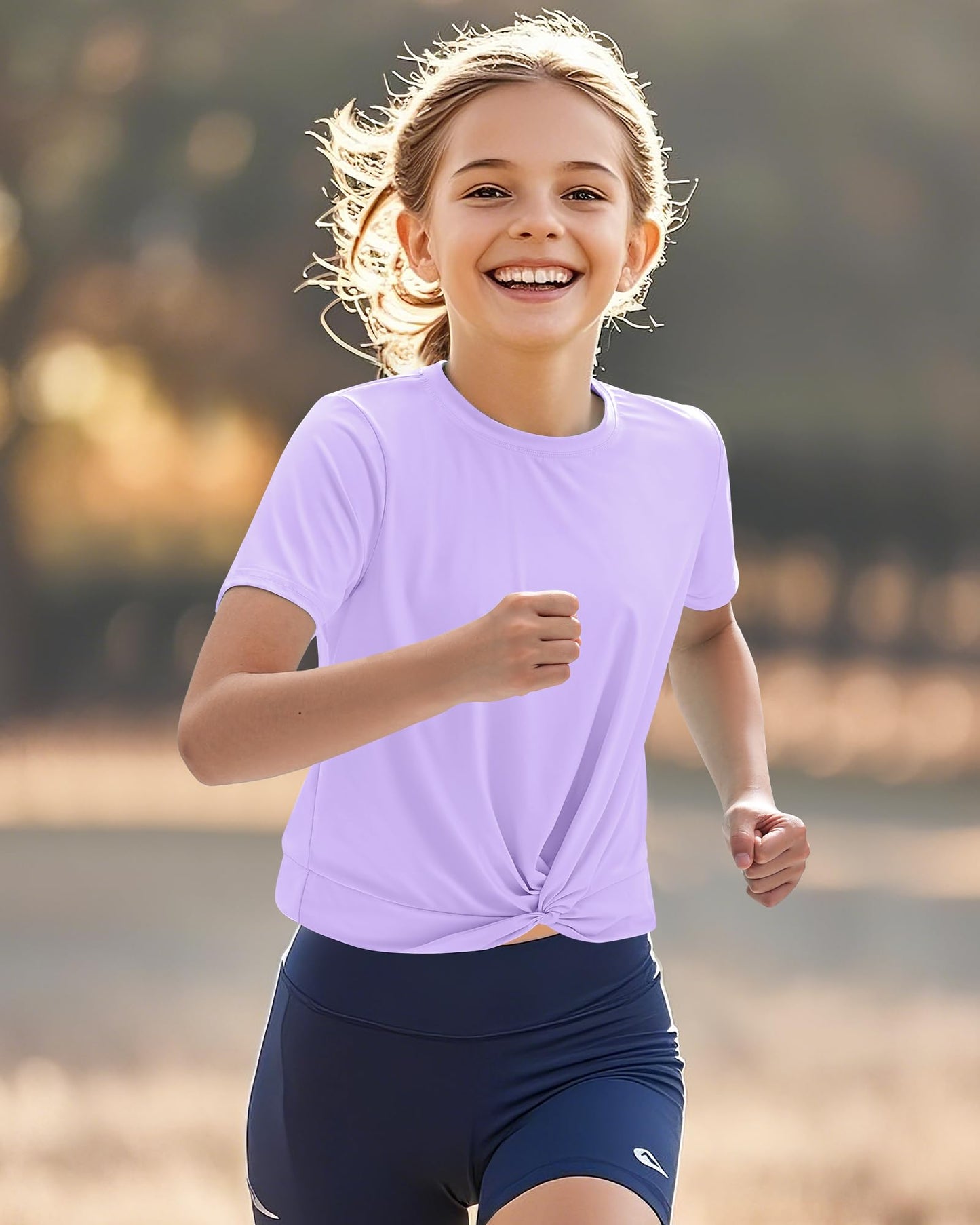 KEREDA Girls Athletic Shirts Tie Front Tops Summer Short Sleeve Quick Dry Active Tees T-Shirts for Kids Teens Purple 7-8 Years