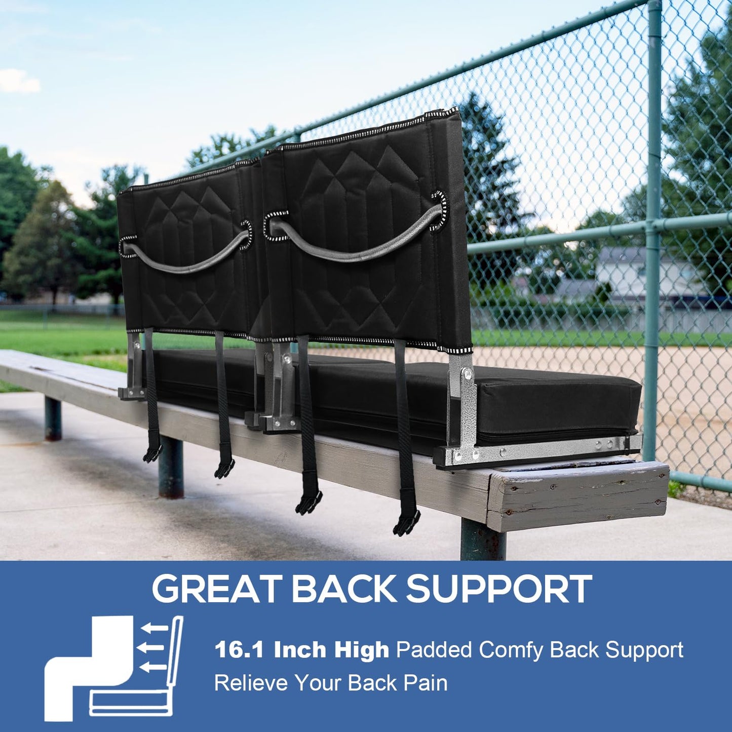 Stadium Seats for Bleachers with Back Support, Bleacher Seats with Backs and Cushion Wide, Portable Folding Comfort Stadium Chair with Shoulder Strap, Carry Handle, Storage Pockets, Black, 2Pack