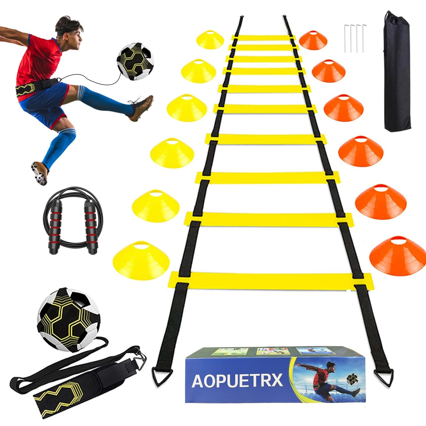 AOPUETRX 20Ft Agility Ladder Training Equipment for Soccer 12 Cones, Solo Soccer Trainer, Jump Rope Speed Football Gifts for boy