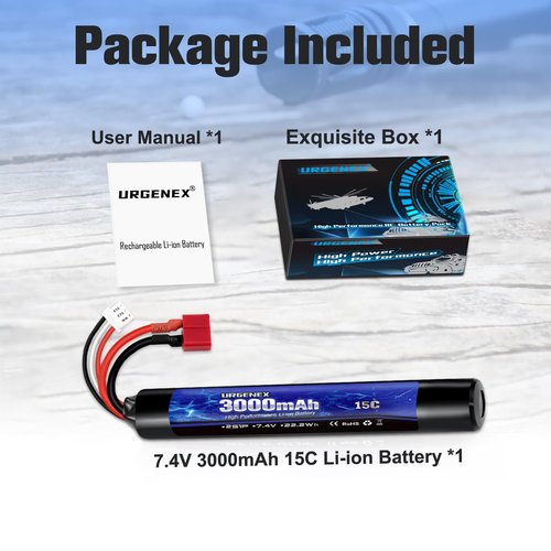 URGENEX 3000mAh Airsoft Battery 7.4V Stick Battery with Dean-Style T Plug 2S Rechargeable Stick Shape RC Lithium-ion Fit for Most Airsoft Model Guns Rifles