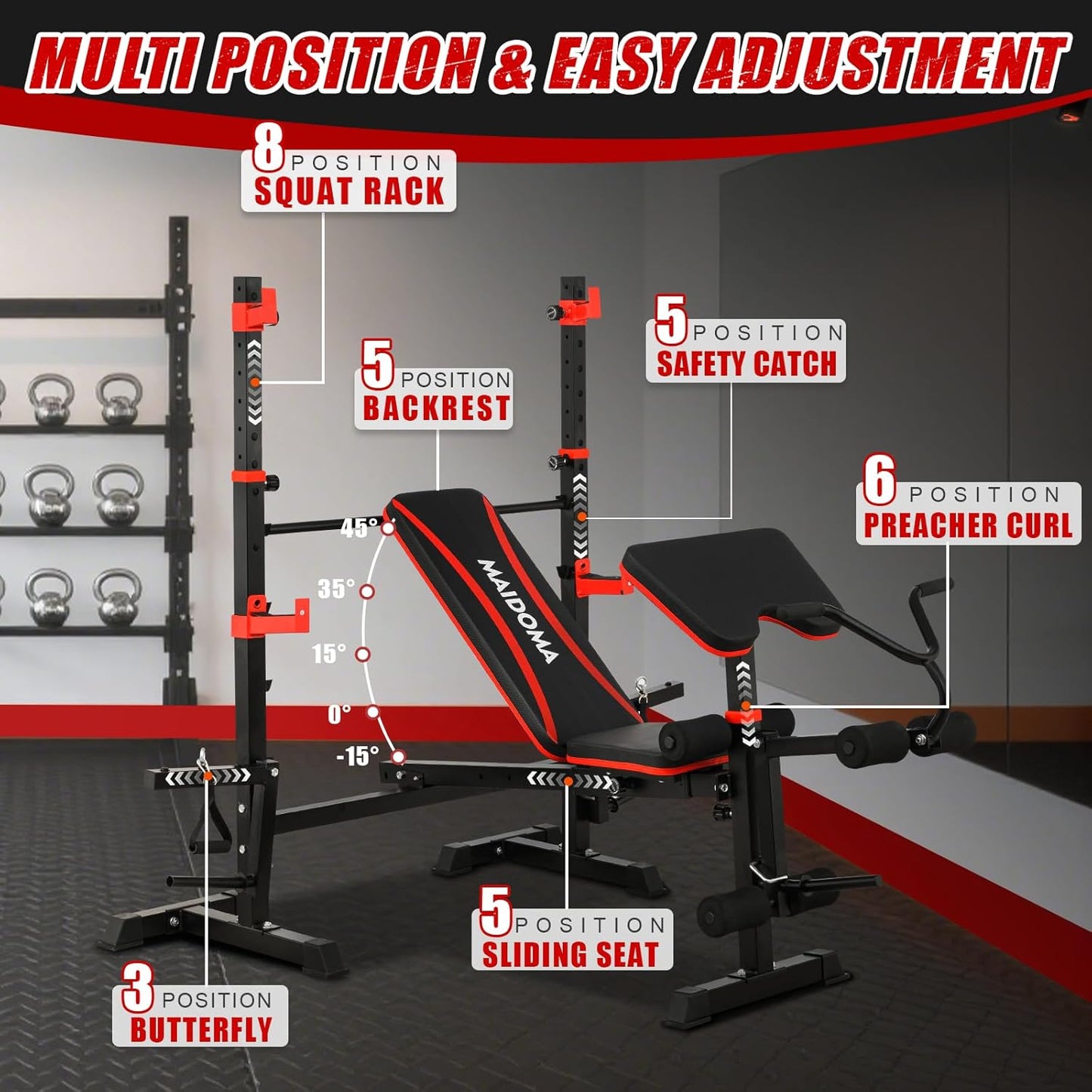 1500LBS 8 in 1 Olympic Weight Bench Set with Leg Extension/Curl and Preacher Curl, Bench Press Set and barbell Rack with Safety Bar Catches, Foldable Workout Benches for Home(US Stock)