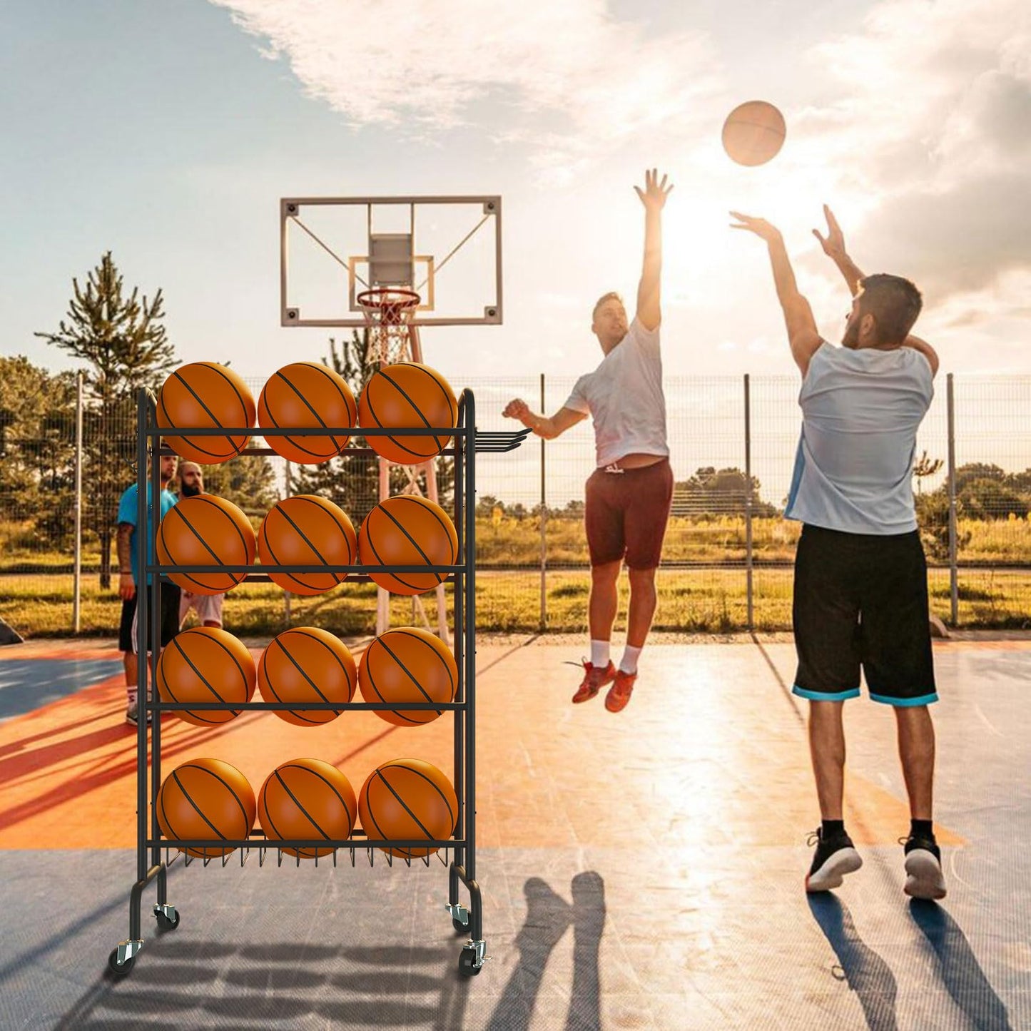 IBUYKE Basketball Rack, 4-Layers Rolling Ball Storage Rack with Wheels, Movable Garage Sports Equipment Storage Organizer for Basketball Football Soccer Volleyball Outdoor Indoor, Black TBL002B