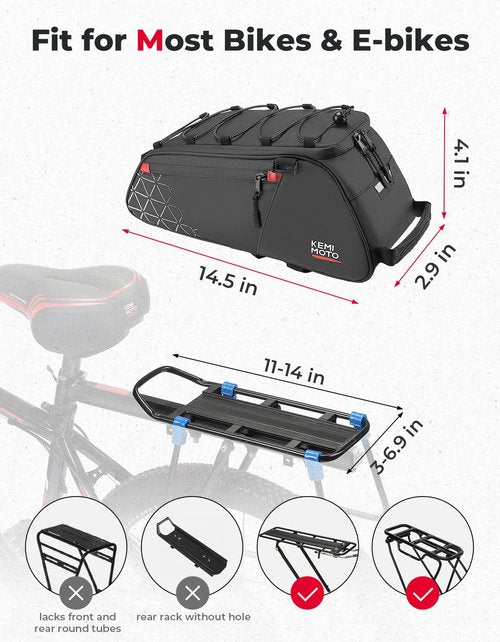 KEMIMOTO Rear Bike Rack Bag - 8L PVC Water Resistant Ebike Bags for Bicycle Rear Rack, Bicycle Trunk Pannier for Commuter Travel Shopping and Cycling (Black)