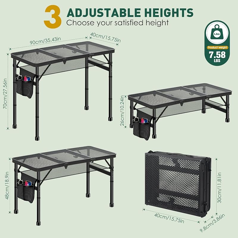 3ft Aluminum Folding Camping Table with 3 Heights, Stain-Resistant, 66 lb Capacity