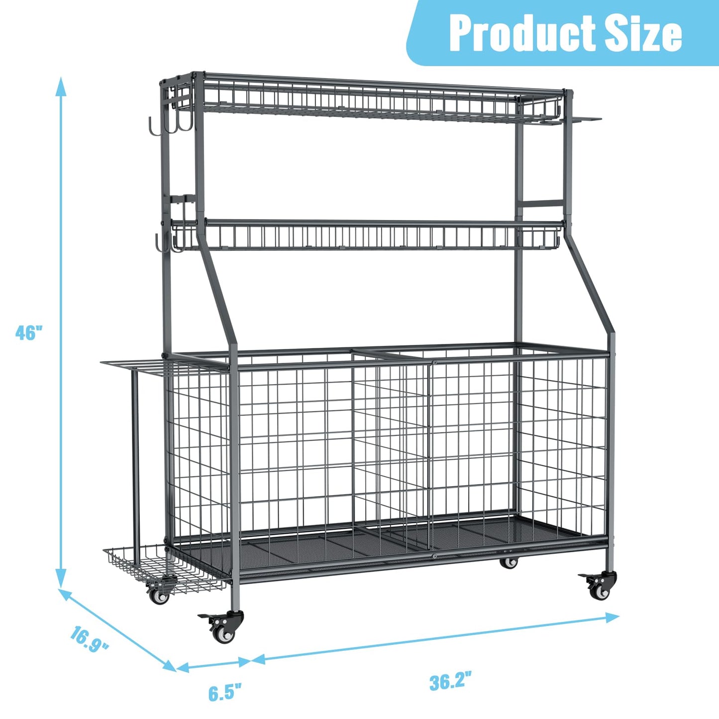 WUC Sports Equipment Garage Organizer - Garage Ball Storage Rack with Basket, Hooks and Rolling Cart for Sports Gear and Toy Storage, Grey