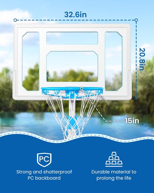 Swimming Pool Basketball Hoop Poolside, Stainless Steel Adjustable Pool Basketball Goals System with 32 Inch Shatterproof Backboard, 2 Balls & Pump Included