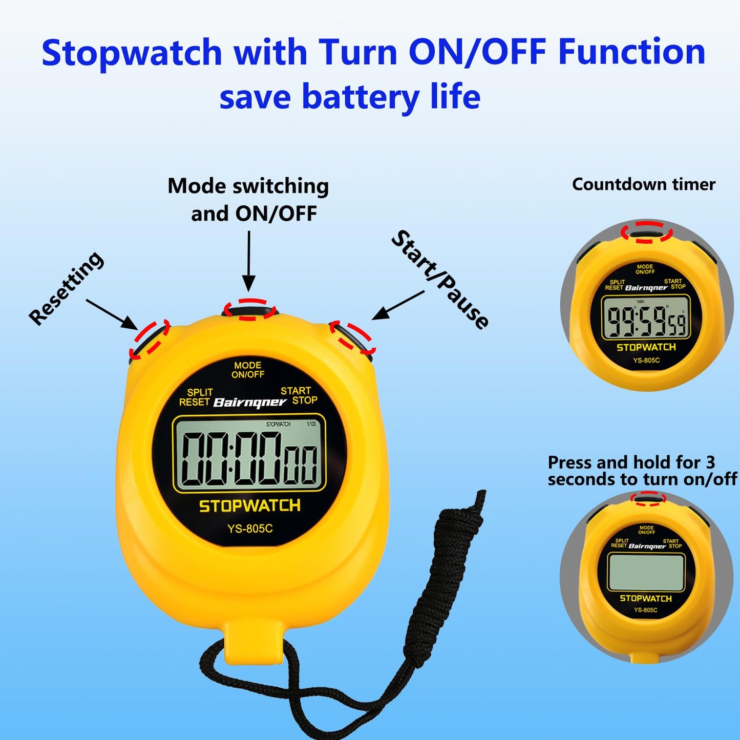 Bairnqner Stopwatch Timer with Countdown, ON/Off Simple Operation No Clock No Date, Digital Stop Watch for Sports, Yellow