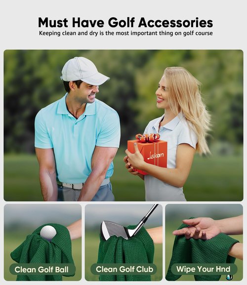 Jiskan Golf Towel Pack of 3 (16" X 16") Waffle Pattern Golf Towels for Golf Bags with Club Range Card, Hook Clip and Gift Box, Essentials Golf Accessories for Men Golf Gifts for Men/Women