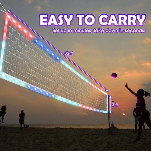 OHYEMO LED Volleyball Net Set, 32x3FT Light Up Volleyball Net Set with Adjustable Height Poles, Carry Bag & Remote, Glow in The Dark Heavy Duty Badminton Volleyball Net Set for Backyard Outdoor Game