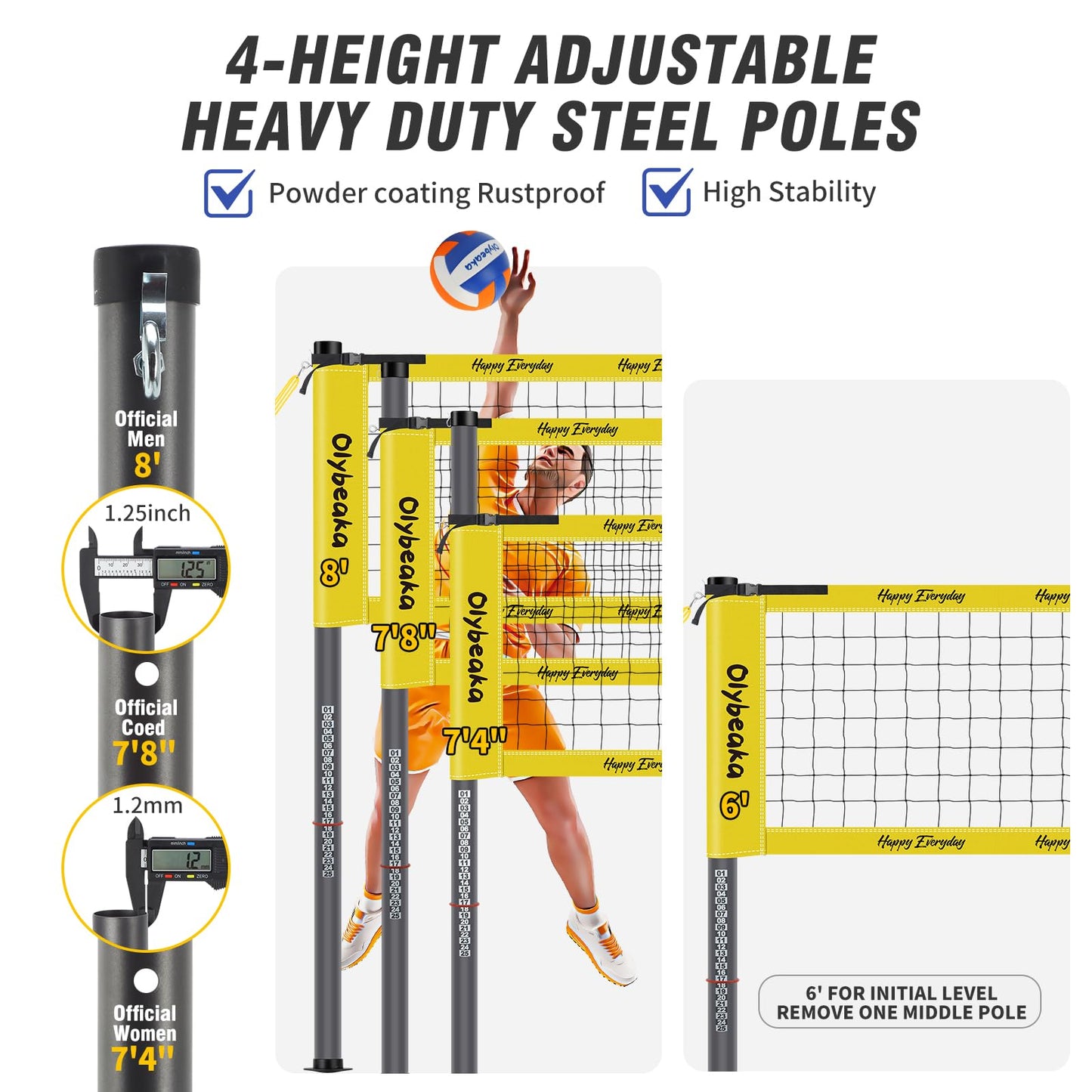 32ft / 20ft Portable Outdoor Volleyball Net Set for Grass Backyard Beach with 1.25" Height Adjustable Steel Poles, 28-ply Durable PE Net, PU Volleyball & Pump, Carry Bag (Yellow, 20ft)