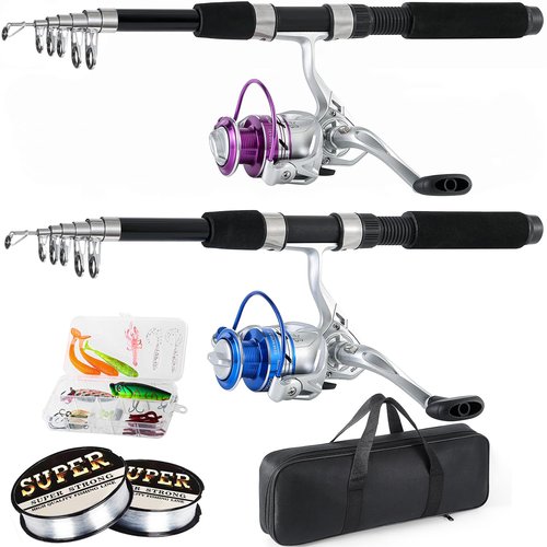 Fishing Pole Combo, 6.9ft 2Pcs Telescopic Rods Set, Collapsible Carbon Fiber Fishing Rods, 2PCS Spinning Reel Set with Carrier Bag Freshwater Fishing Rod and Reel Combos Kits(Blue and Purple)