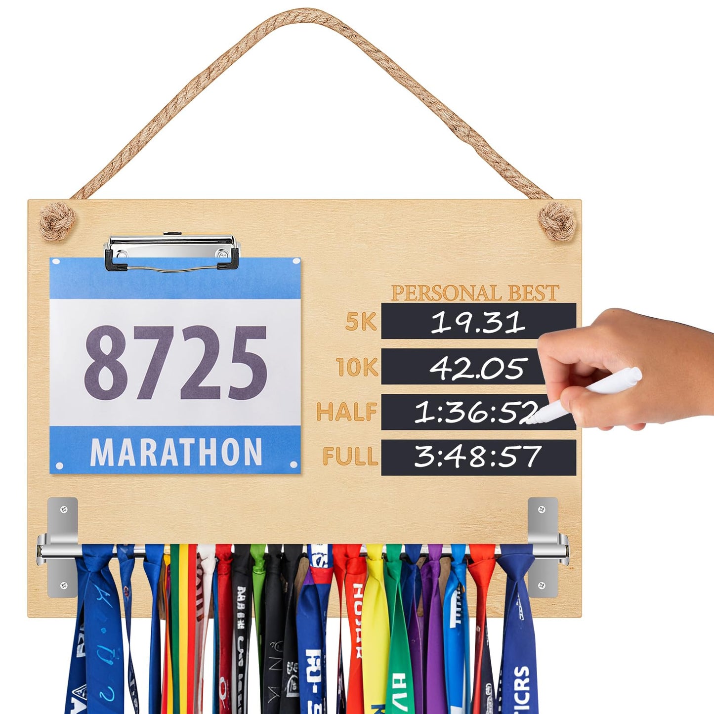 Threehoney Wooden Medal Hanger Display Running Medal Holder Wall Hanger Race Bib Boards Holder with Records Blackboard Chalk Holds 20 Medals Gift for Marathon Runners