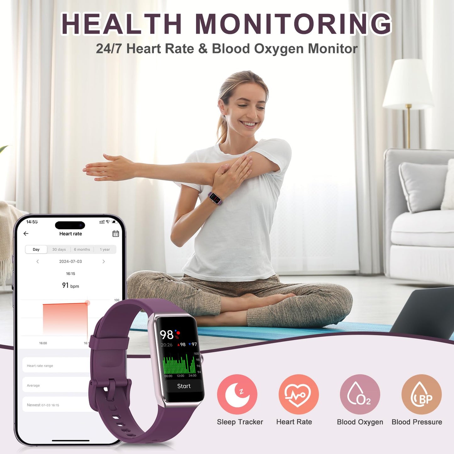 Bakoor Fitness Tracker, Fitness Watch with 24/7 Heart Rate, Blood Oxygen Blood Pressure, Step Counter Sleep Tracking, 100+ Sports Modes Smart Watches, Activity Pedometer for Women Men
