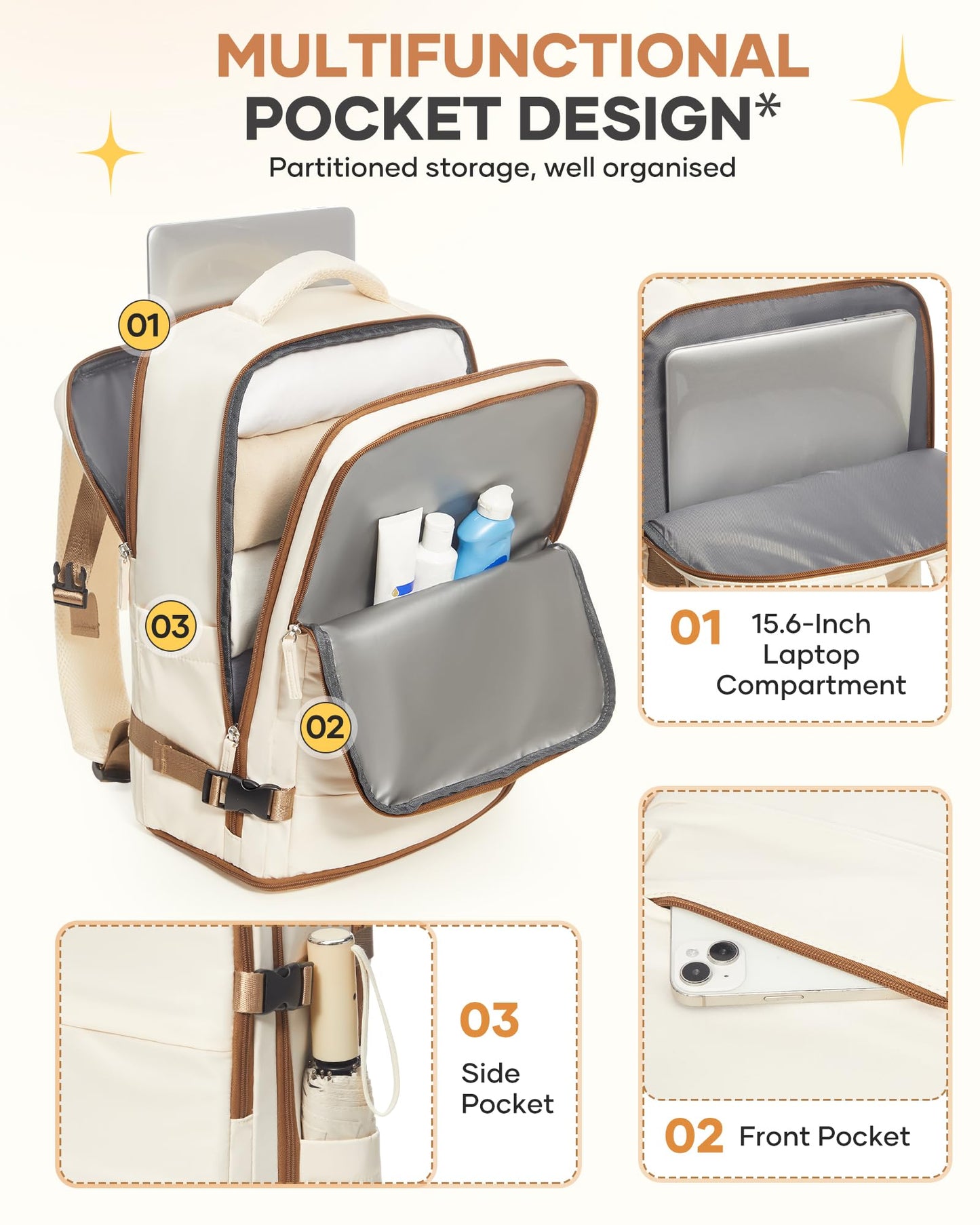 coofay Large Travel Backpack Carry on Flight Approved Mochila De Viaje Personal Item Travel Bag Backpacks for Men Women Carry on Backpack for Airplanes 18x14x8 Inches Travel Bag Beige with Brown