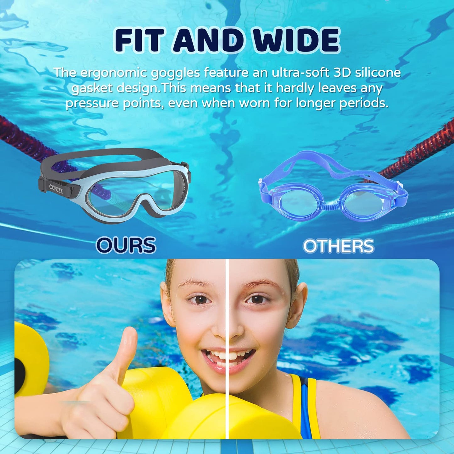 COPOZZ Kids Swim Goggles for 6-14, Wide View Swimming Goggles No Leak Anti Fog UV Protection Youth Swim Goggles