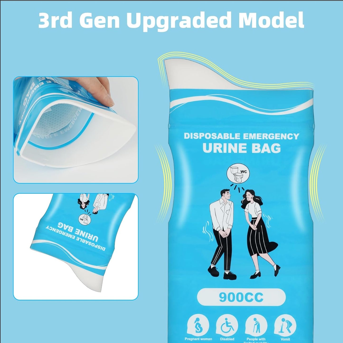 12/24 Pcs Disposable Urine Bags, 3rd Generation 900ML Emergency Portable Pee Bags for Travel for Men/Women, Unisex Leakproof Urinal Bag, Odorproof Urinal Bag Vomit Bags for Hiking Traffic Jam