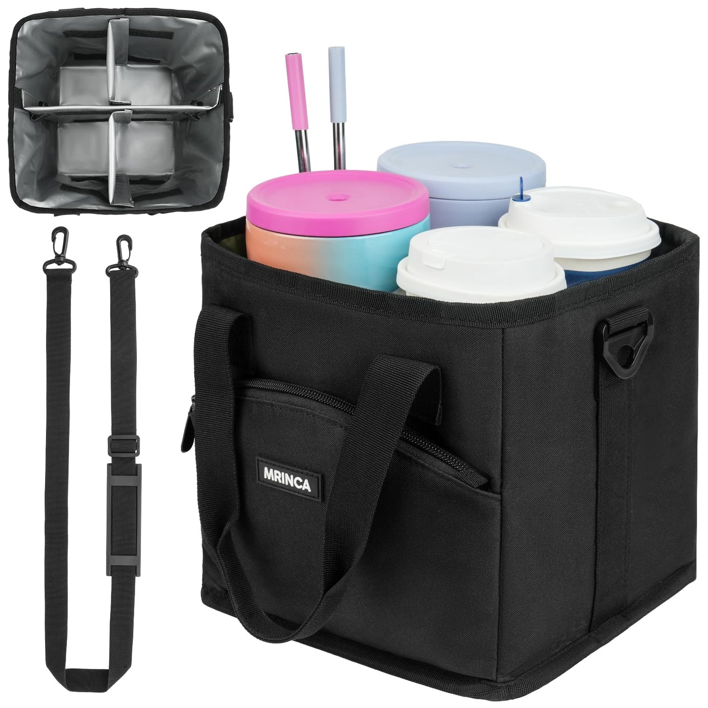 MRINCA Reusable Drink Carrier with Handle – Insulated, Collapsible 4-Cup Beverage Bag with No-Spill Base, Adjustable Dividers & Shoulder Strap, Portable Caddy for Delivery, Car and Travel, Black