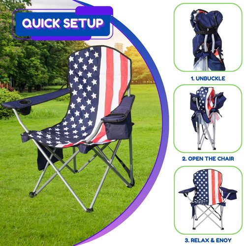 EZONE Set of 2 Camping Chairs with Built-in Ice Cooler, Portable Chair, Storage Pocket, Cup Holder, and Carry Bag Perfect for Camping, Tailgating, Fishing, Beach, and Lawn (2, Flag)