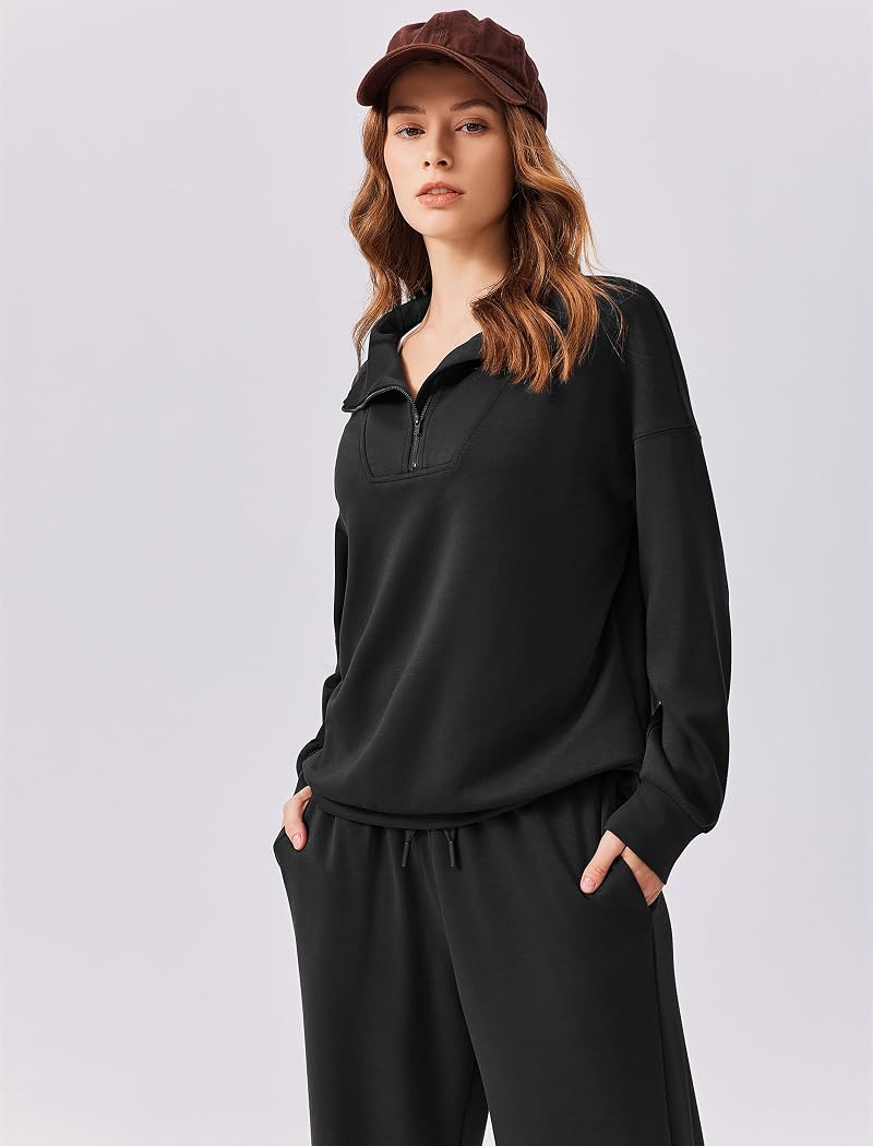PINSPARK 2-Piece Lounge Set for Women with Half Zip Sweatshirt & Wide-Leg Pants - Black, Medium, Standard