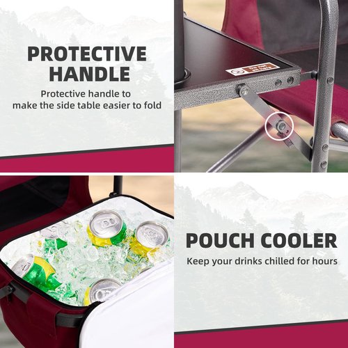 Foristrail Director Camping Chair with Cooler Bag & Foldable Side Tray - 400lbs Heavy Duty Outdoor Folding Lawn Chair, Portable Camp Chair for Backyard, Fishing, Beach (Wine Red)