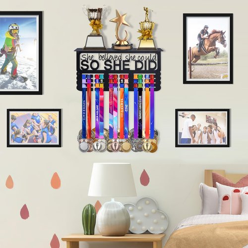 Biggun Metal Trophy and Medal Display Shelf - Easy to Install Medal Hanger with Trophy Shelf for Over 70 Running Race Wrestling Awards