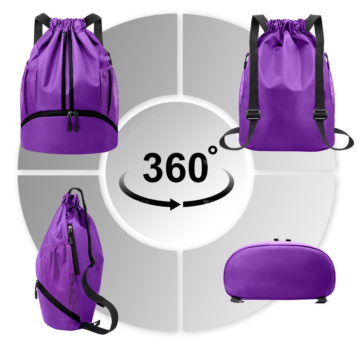 Hoedia Sports Drawstring Backpack - String Swim Gym Bag with Shoes Compartment and Wet Proof Pocket for Women and Men