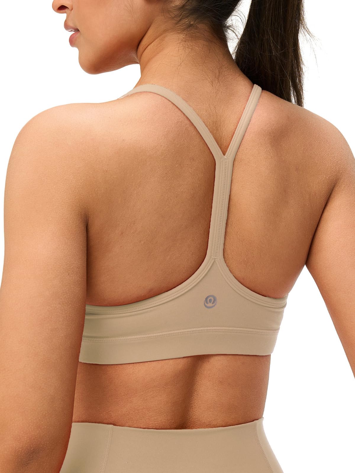 Omwilddo Womens Y Back Padded Sports Bra Strappy U Neck Butter Soft Low Impact Workout Bras Yoga Pilates Walking Greige M