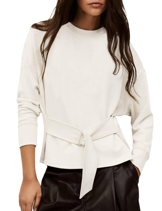GTLIAE Womens Buckle Belted Sweatshirts Stylish Lace Up Tops Casual Long Sleeve Crewneck Cropped Tunic Pullover (White-M)