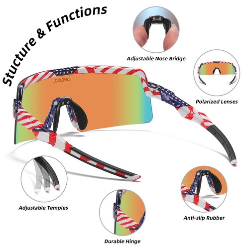 OMEKOL Polarized Sports Sunglasses Cycling Glasses UV400 Mountain Bike Goggles MTB Riding Bicycle Eyewear Men Women Baseball Running Fishing Golf Outdoor - USA Flag Frame/Blue Lens