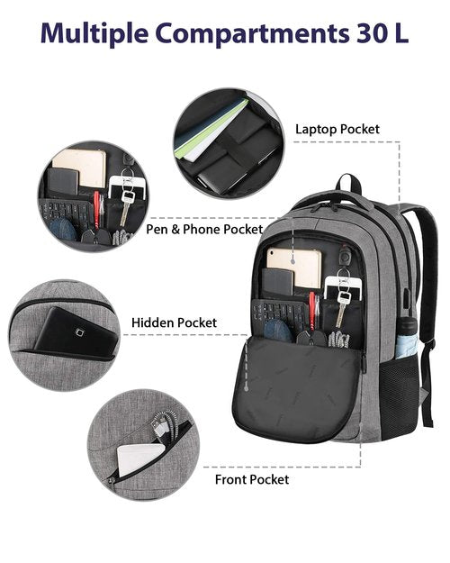 MATEIN Travel Laptop Backpack, 17 Inch Work TSA Approved Carry on Backpack, Large Computer Business Bag for Men Women with USB Port and Trolley Sleeve, College School Rucksack Book Bag, Grey