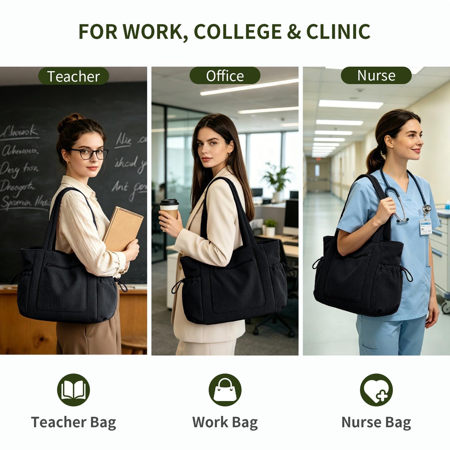 ECOHUB Oversize Work Tote Bag for Women with 40oz Cup Holder Corduroy Laptop Tote Teacher Nurse Bag for Office College Travel Black