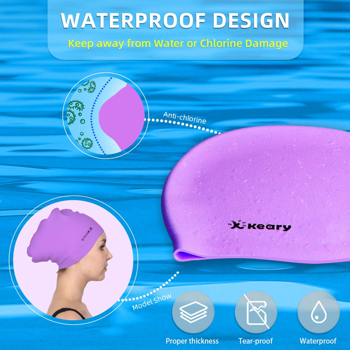 Keary 2 Pack Silicone Swim Cap for Long Hair Women Girls Waterproof Pool Swimming Cap Cover Ears to Keep Your Hair Dry, 3D Ergonomic Stretchable Durable and Anti-Slip, Easy to Put On and Off