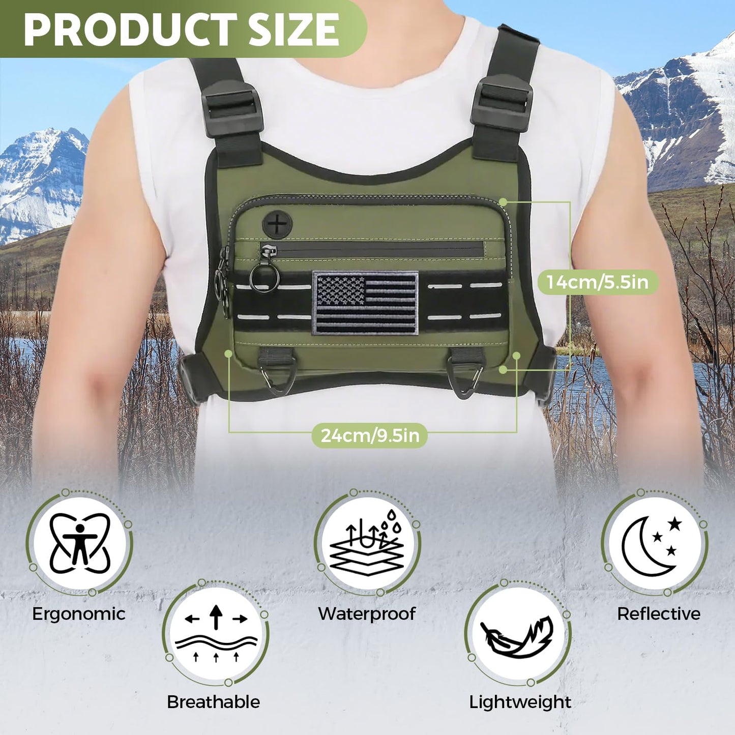Muserise Sports Chest Bag For Men Women, Water Resistant Lightweight Front Chest Pack, Running Vest Bag With Built-In Phone Holder & Extra Storage For Workouts, Running, Cycling (Olive)