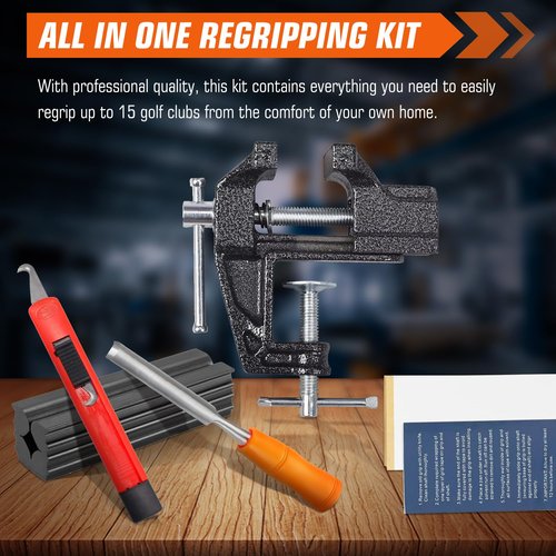 YIMISIMON Golf Club Grip Vise Clamp Kit for Regripping Golf Clubs - Include Retractable Hook Blade, 15 Tapes Strips (2"x 10"), Grip Tape Remover, Bench Vise & Rubber Clamp (Solvent Not Included)