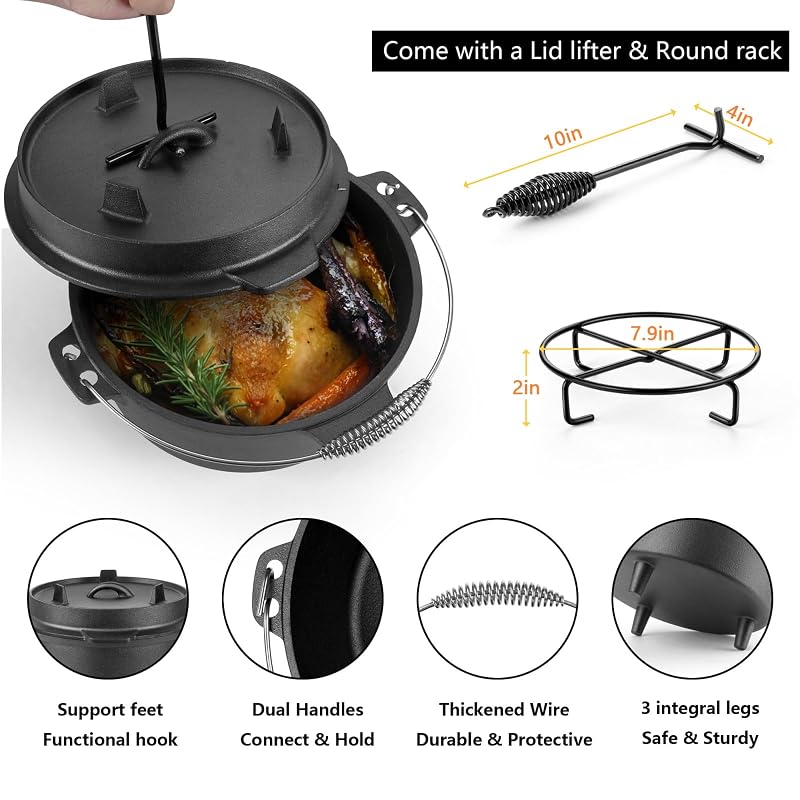 HaSteeL 7 QT Cast Iron Dutch Oven with Lid Lifter & Camping Rack - 3-Piece Variation
